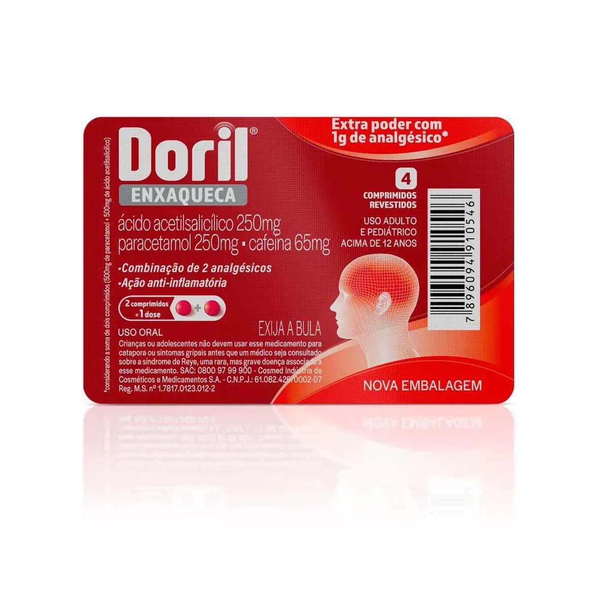 Imagem de Doril Enxaqueca Ácido Acetilsalicílico 250mg + Paracetamol 250mg + Cafeína 65mg 4 comprimidos