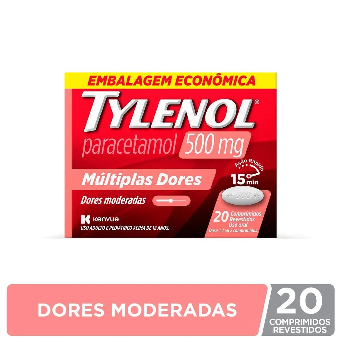 Imagem de Tylenol Paracetamol 500mg Múltiplas Dores 20 comprimidos