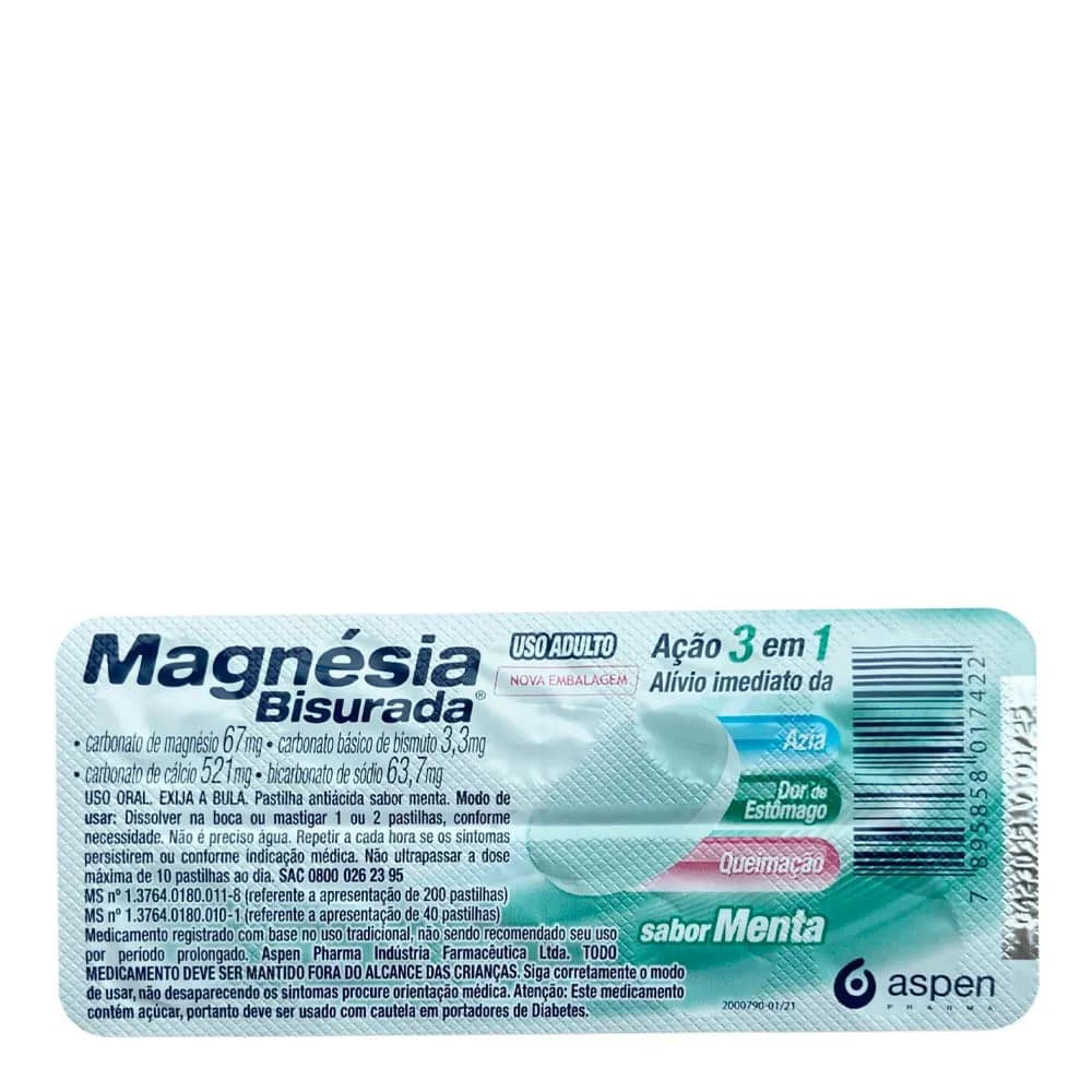 Imagem de Antiácido Magnésia Bisurada 67mg + 3,3mg + 521mg + 63,7mg 10 Pastilhas