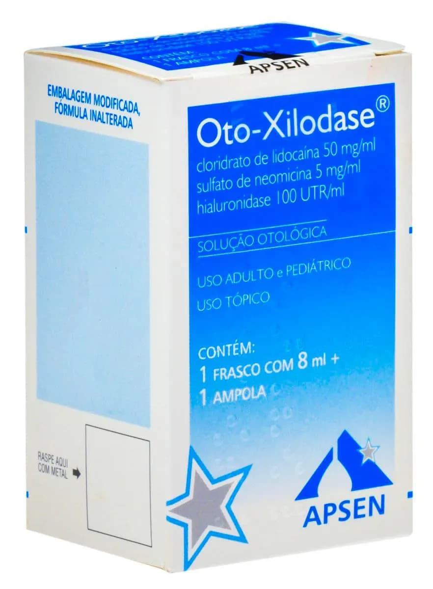 Imagem de Oto-Xilodase Cloridrato de Lidocaína 50mg + Sulfato de Neomicina 5mg + Hialuronidase 100 UTR Solução Otológica 8ml