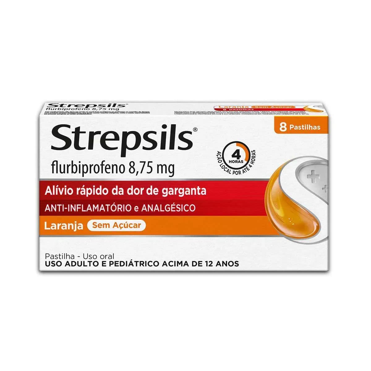 Imagem de Pastilha para Garganta com Anti-inflamatório e Analgésico Strepsils Sabor Laranja Sem Açúcar - 8 unidades