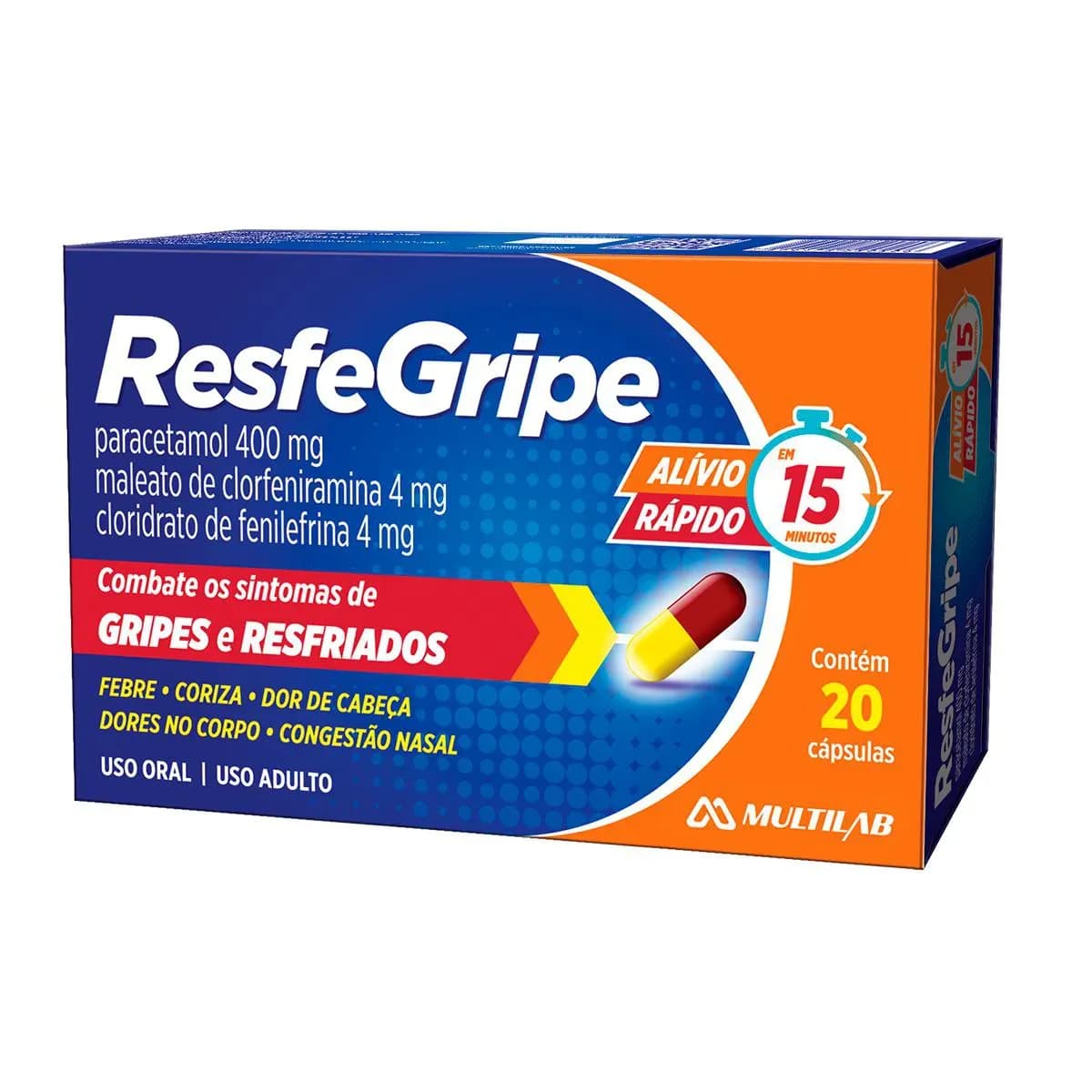 Imagem de Resfegripe Paracetamol 400mg + Cloridrato Fenillefrina 4mg + Maleato de Clorfeniramina 4mg 20 cápsulas