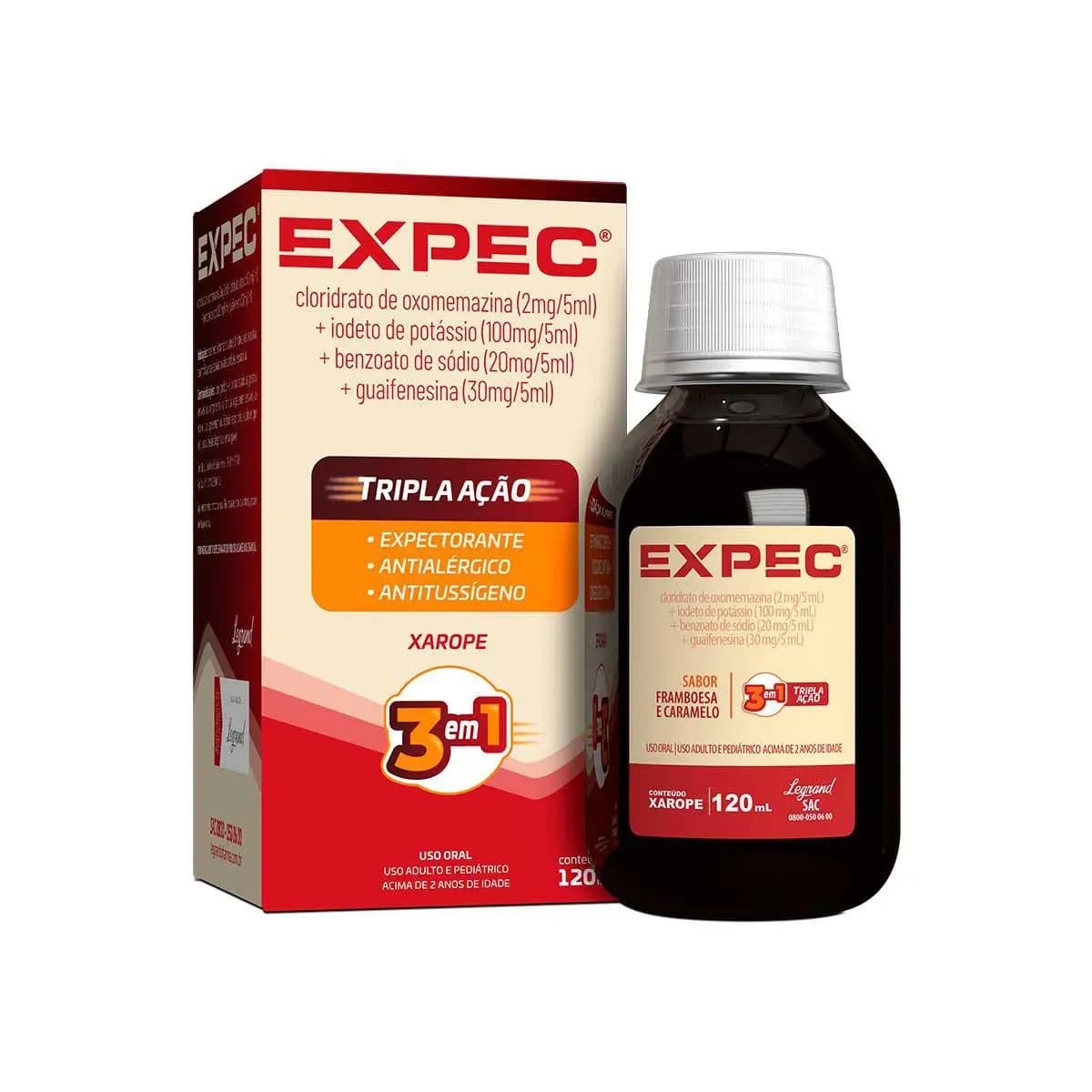 Imagem de Expec Tripla Ação Oxomemazina 0,4mg/ml + Iodeto de Potássio 20mg/ml + Benzoato de Sódio 4mg/ml + Guaifenesina 6mg/ml Sabor Framboesa e Caramelo Xarope 120ml