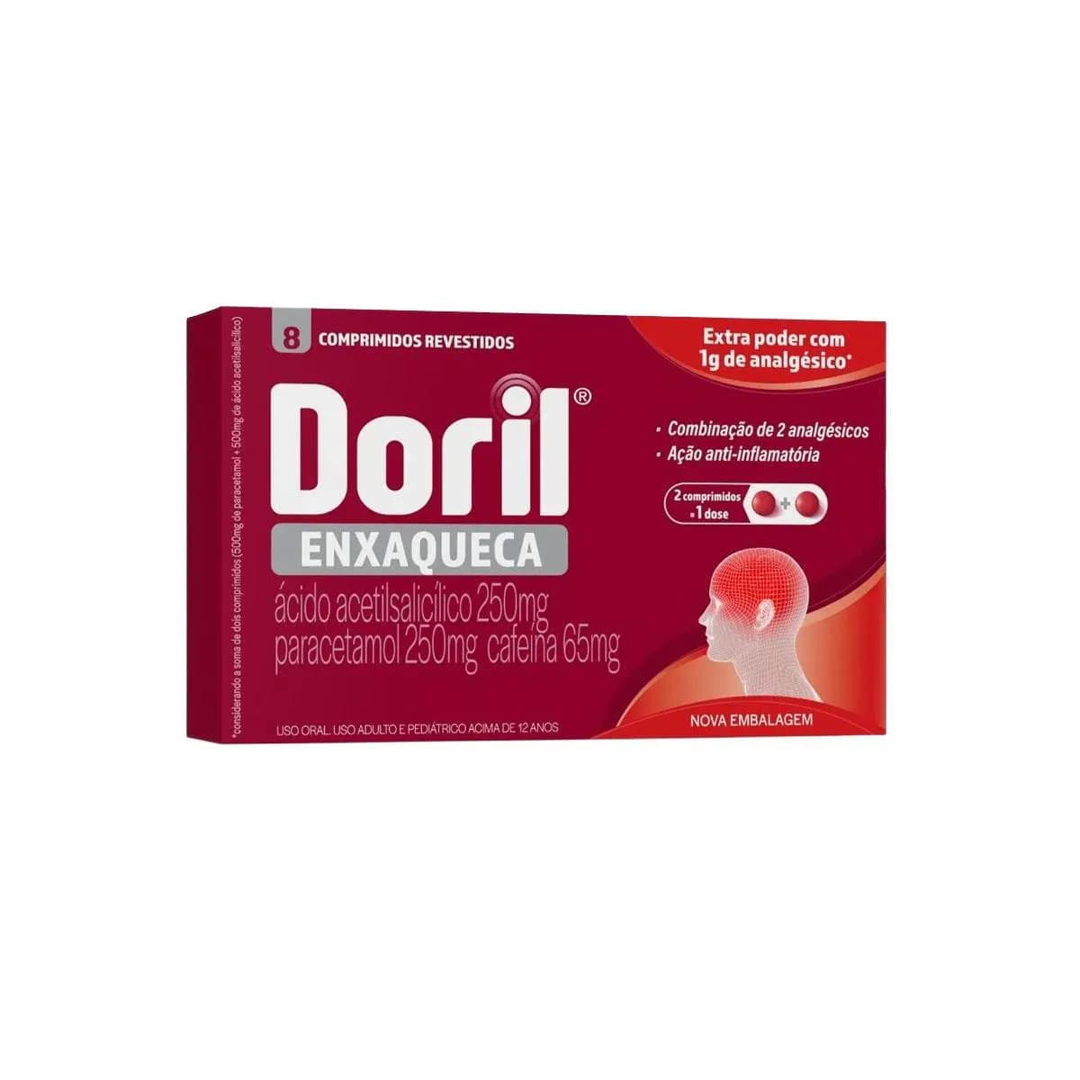 Imagem de Doril Enxaqueca Ácido Acetilsalicílico 250mg + Paracetamol 250mg + Cafeína 65mg 8 comprimidos